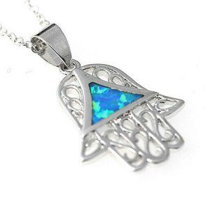 925 Silver Palm of Fatima Blue Faux Opal Necklace
